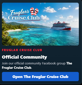 Fruglar Cruise Club community graphic with a Virgin Voyages ship near a tropical island