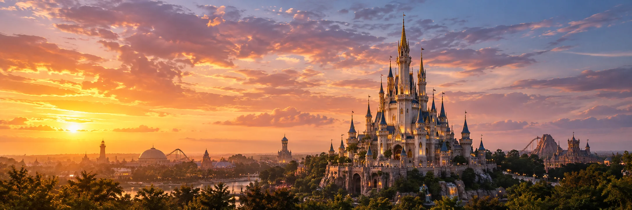 A storybook castle glowing at sunset