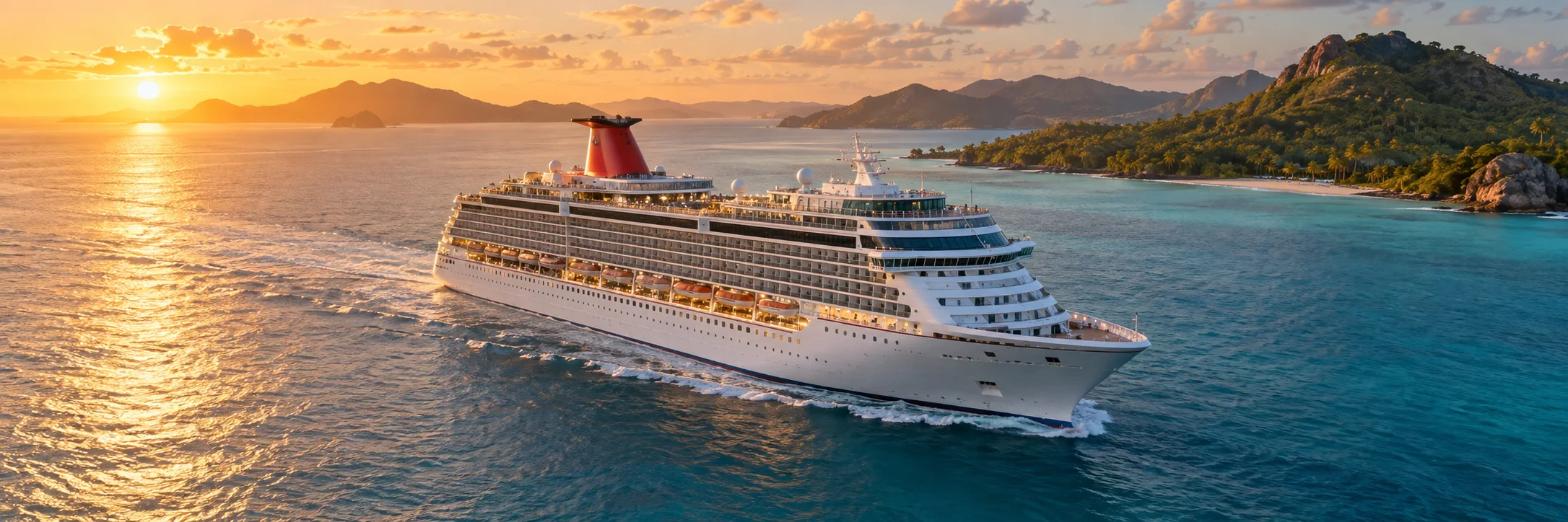 Family cruise ship sailing beside a tropical island at sunset