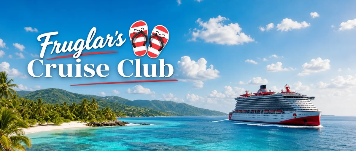 Fruglar Cruise Club ship sailing beside a tropical island