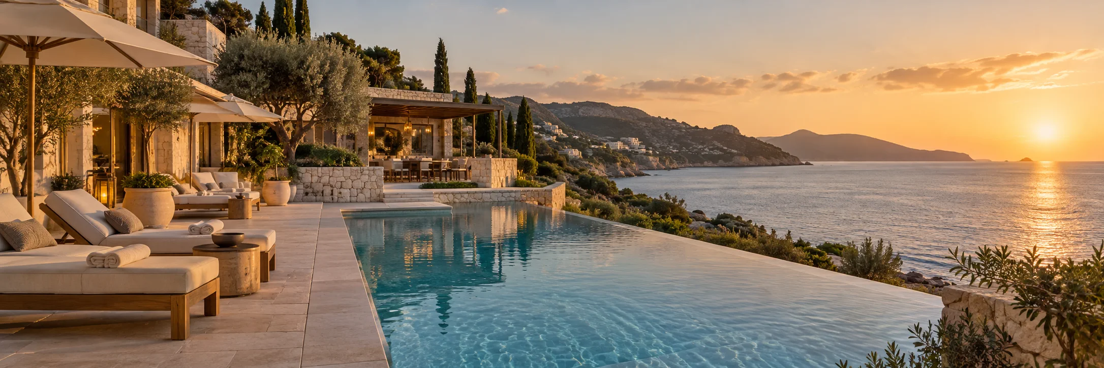 A refined coastal hotel pool at golden hour