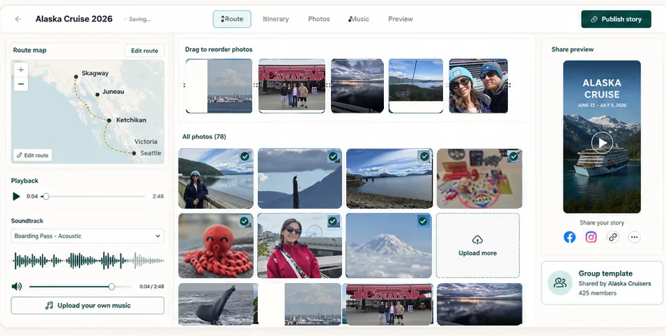 Fruglar Story Studio displaying an Alaska cruise route, trip photos, soundtrack controls, and a Story Map preview
