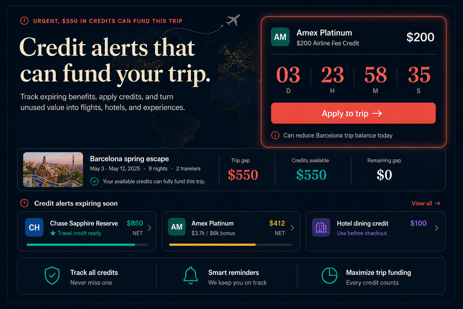 Credit alerts mockup showing expiring travel credits that can reduce a trip cost
