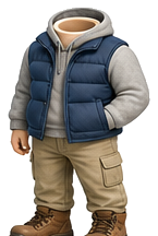 Layered puffer vest, hoodie, and trail boots