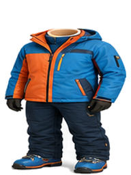 Bright ski jacket, snow pants, and winter boots