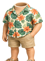 Tropical-print shirt, shorts, and sandals