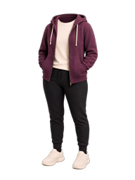Plum travel hoodie, joggers, and sneakers