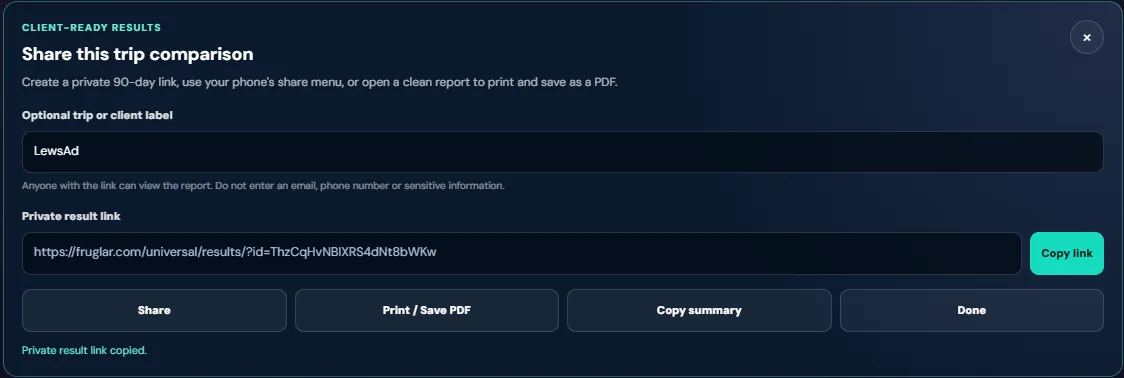 Calculator sharing panel with a private result link and print or save PDF controls