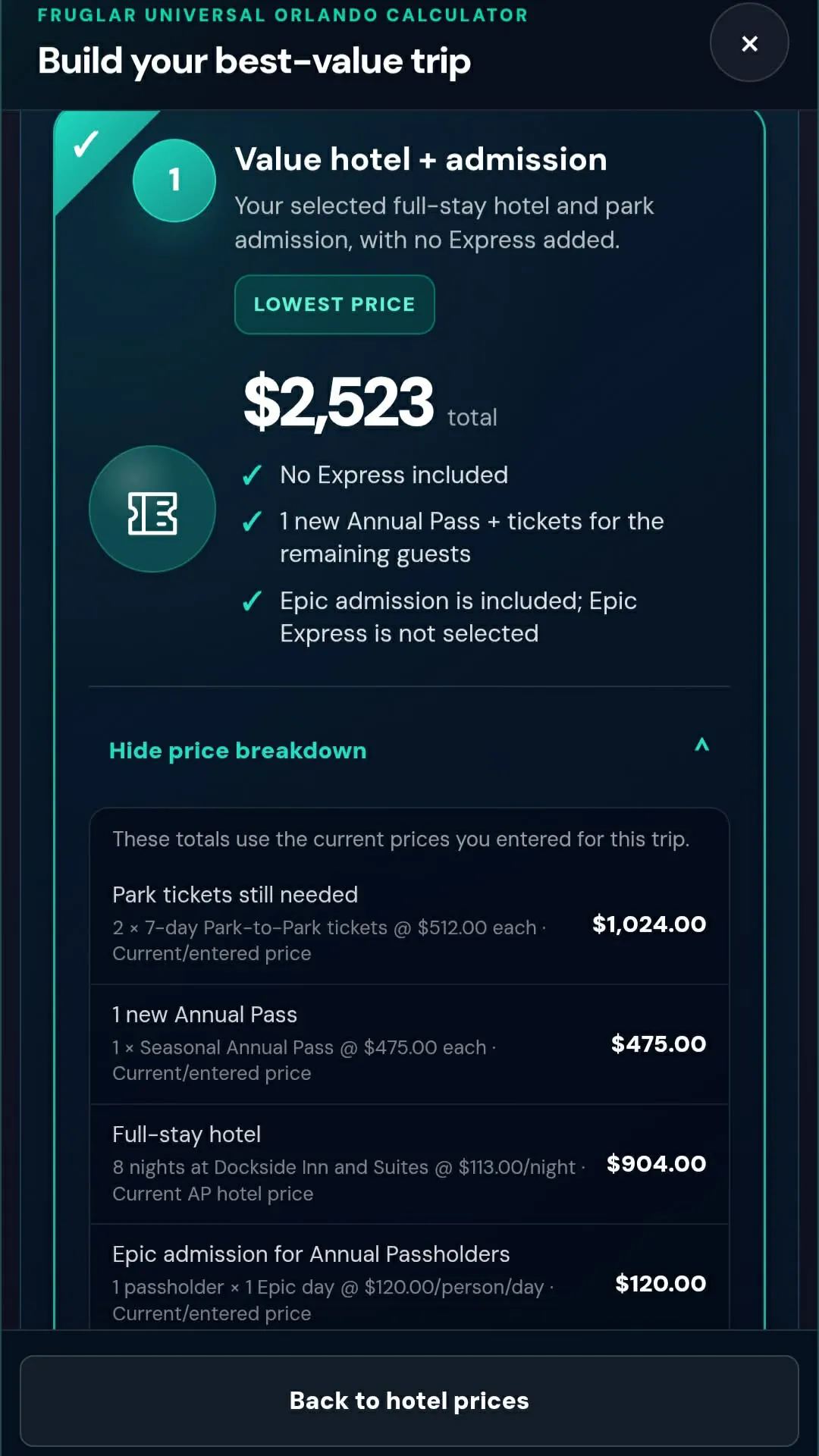 Nine-day Thanksgiving calculator result showing a $2,523 lowest-price value hotel and admission plan