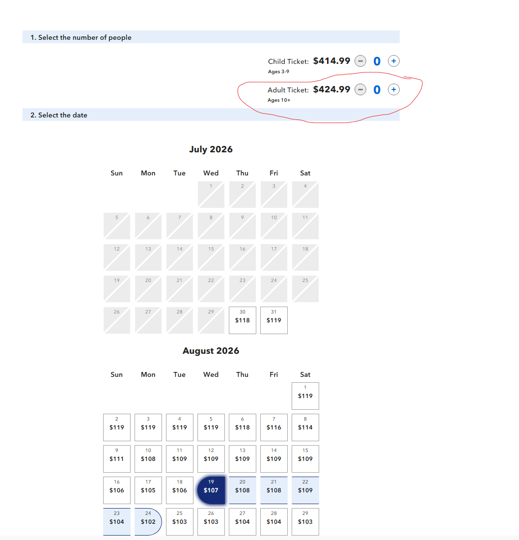 Universal ticket calendar example showing the full adult ticket price at the top and the first park date selected in the calendar