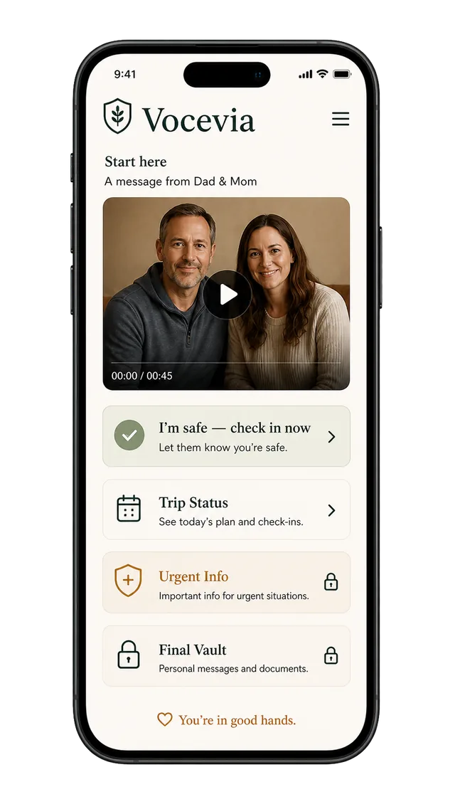 Vocevia family guide showing check-in, trip status, urgent information, and a final vault