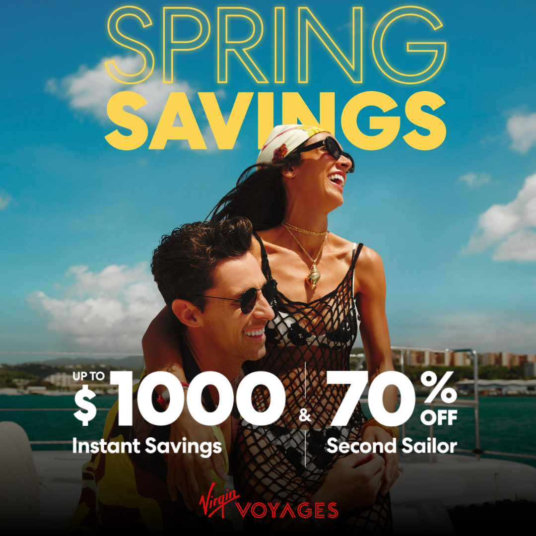 Virgin Voyages deal-watch promo example with instant savings and Second Sailor discount